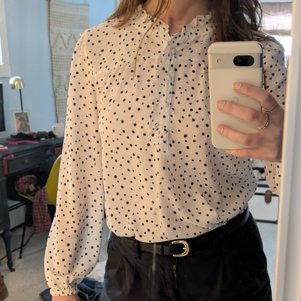 LOFT White and Black Polka Dot Blouse